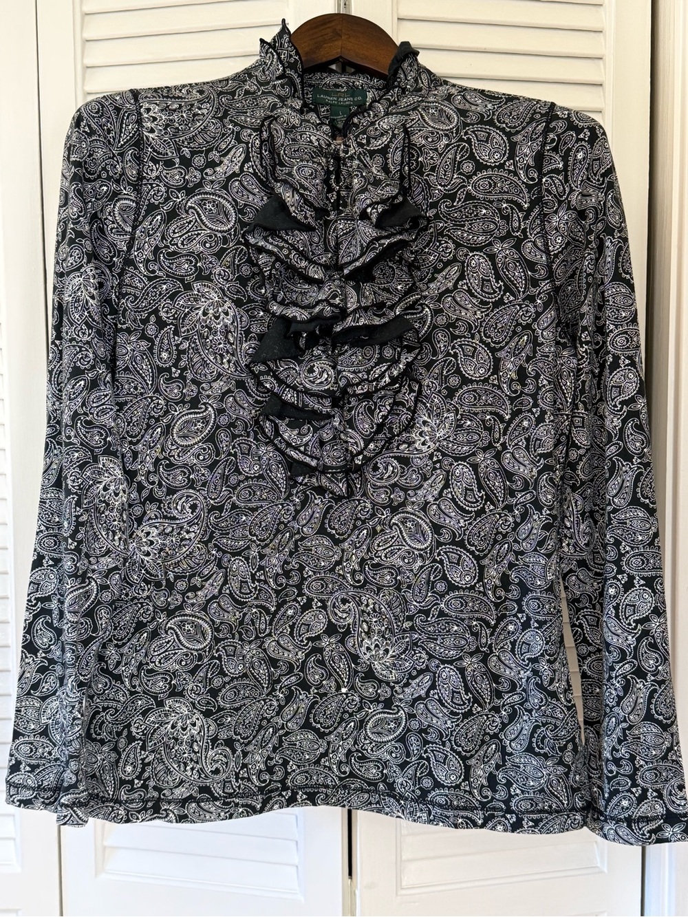 Ralph Lauren Black and White Paisley Ruffle Front Blouse